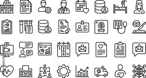 Comprehensive medical and healthcare icon vector bundle featuring thin line illustrations for hospital clinic digital documentation and professional patient care services