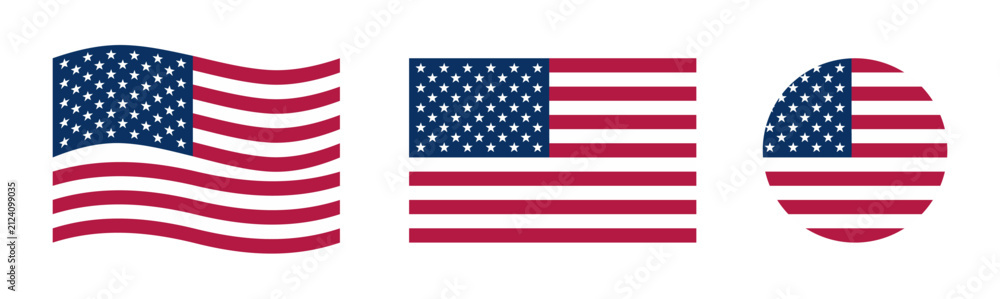 Fototapeta premium American Flag Collection with Waving, Rectangular and Circular Designs, USA Patriotic Symbols Vector Illustration Isolated on Transparent Background