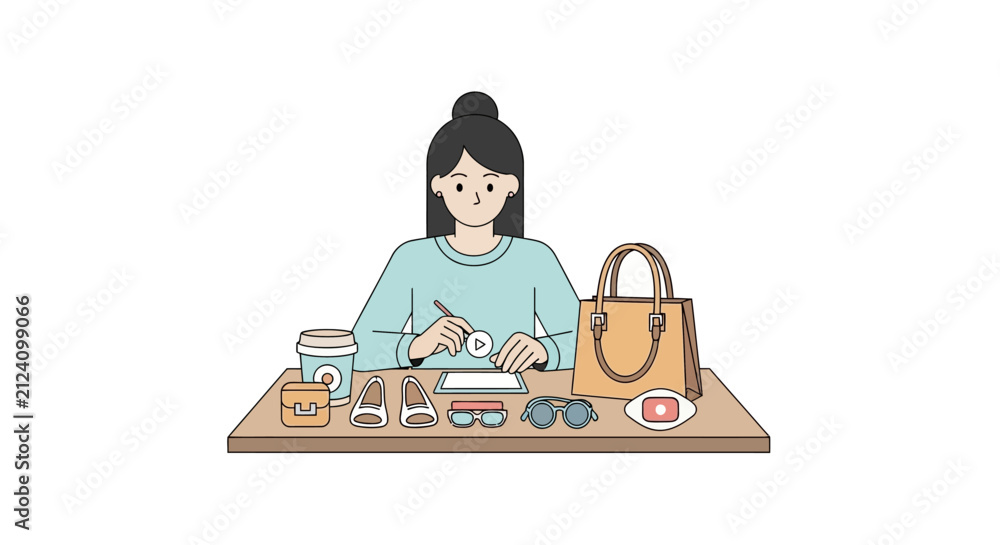 Fototapeta premium Fashion Influencer and Lifestyle Blogger Creating Content for Social Media Video Blog Vector Illustration