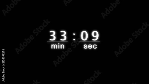 Digital clock display showing thirty three minutes and nine seconds on black background.