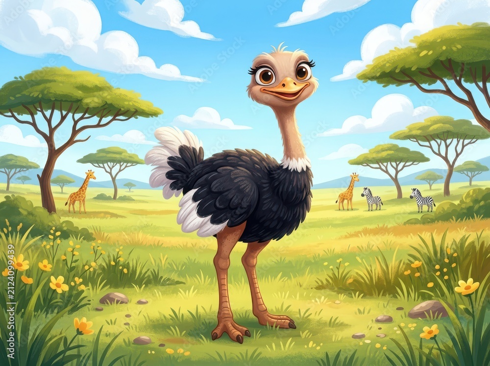 Obraz premium Cute cartoon ostrich standing in the sunny african savanna with acacia trees and wild animals in the background