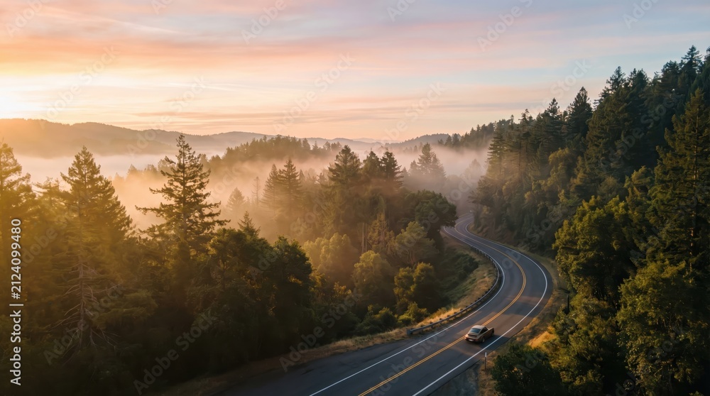 Obraz premium aerial view of winding road through misty pine forest at sunrise. golden sunlight filtering through morning fog. car driving on highway. travel, trip. banner, website header with copyspace.