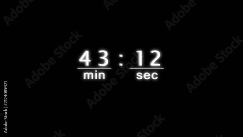 Digital clock display counting time showing forty three minutes and twelve seconds.
