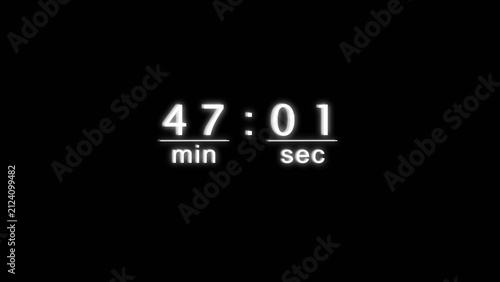 Digital clock timer displaying forty seven minutes and zero one seconds on black screen.