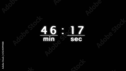 Digital clock timer displaying forty six minutes and seventeen seconds on black background.