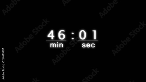 Minimalist white glowing digital timer displaying forty six minutes and one second count.