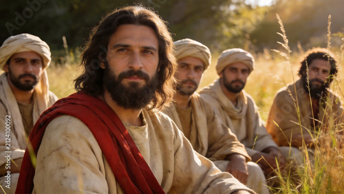 Group of men in ancient attire sitting outdoors