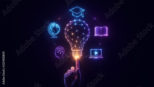 Futuristic neon glowing lightbulb on a fingertip surrounded by digital educational icons representing artificial intelligence in learning