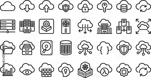 Comprehensive cloud computing and data storage icon vector bundle featuring hand drawn style illustrations for modern digital technology and web design projects