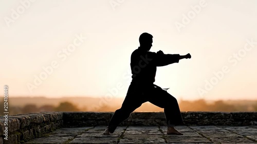 Martial artist practicing karate stance at sunset 4K Video