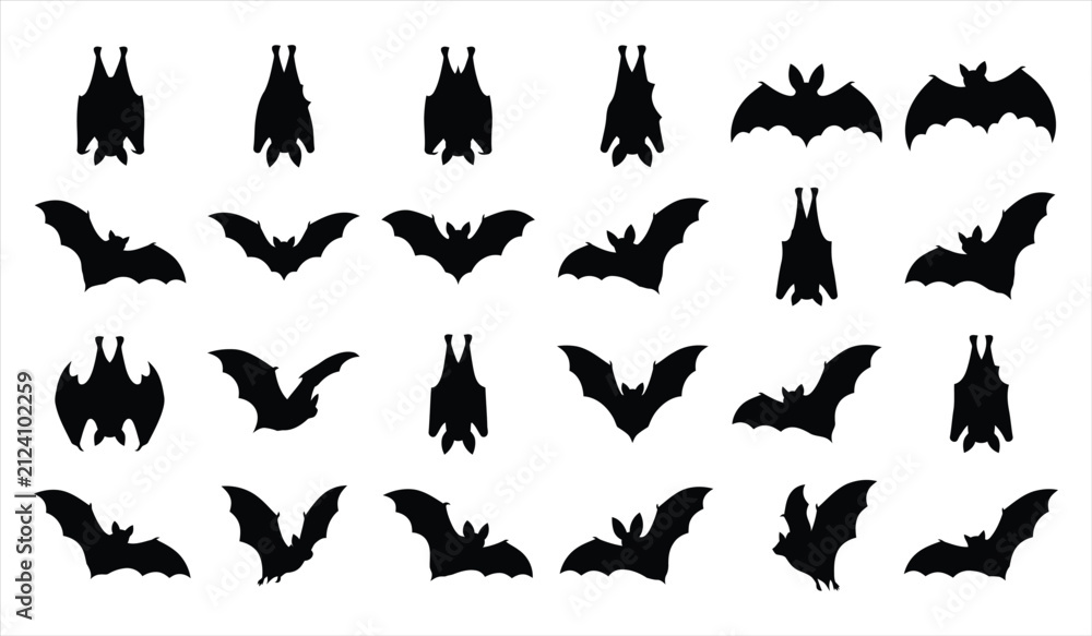 Fototapeta premium Set of black bat silhouettes in various flying and hanging positions perfect for spooky halloween party decoration design elements