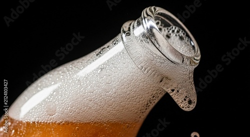 Close-up of frothy amber liquid pouring from a clear glass bottle neck, sparkling bubbles erupting.