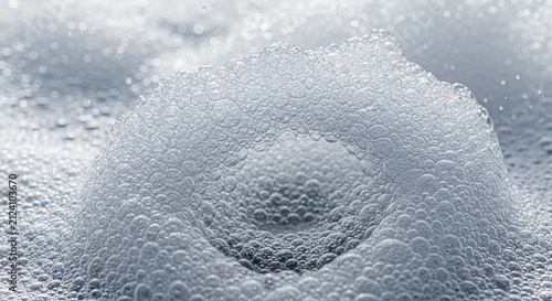 Intricate macro shot of shimmering foam bubbles with a central vortex, showcasing dynamic liquid texture