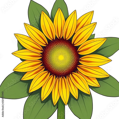A simple illustration of a sunflower with a bright yellow center surrounded by large, dark green petals, minimalist, outdoors