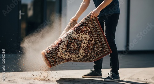 Person shaking a patterned rug outdoors to remove dust and dirt, a traditional cleaning chore.