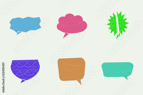 Colorful speech bubble icons with various shapes and patterns on transparent background