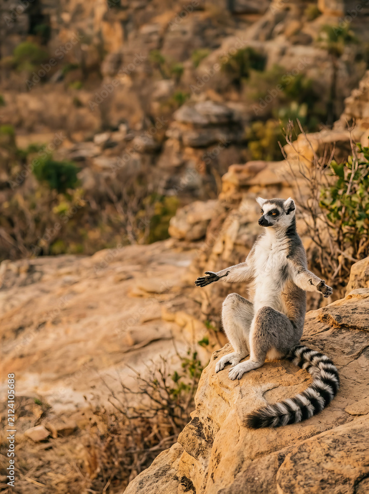 Fototapeta premium Ring tailed lemur sits upright on rocky hillside with arms outstretched in natural habitat