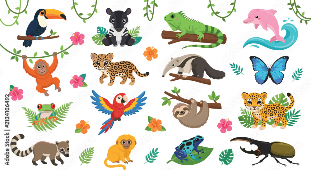 Fototapeta premium Cute Tropical Jungle Animals Collection with Toucan, Monkey, Leopard, Sloth, Frog, Butterfly, and Wildlife Characters Vector Set