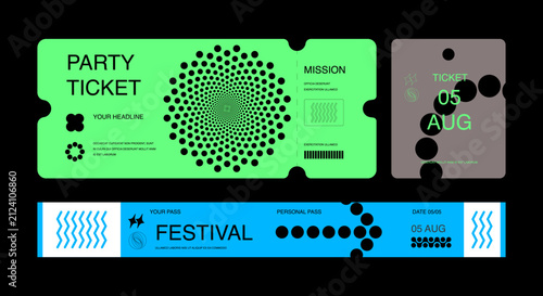 Modern abstract event ticket templates featuring bold geometric elements, minimalist typography, and contemporary layouts. Perfect for festivals, concerts, parties, exhibitions, conferences.