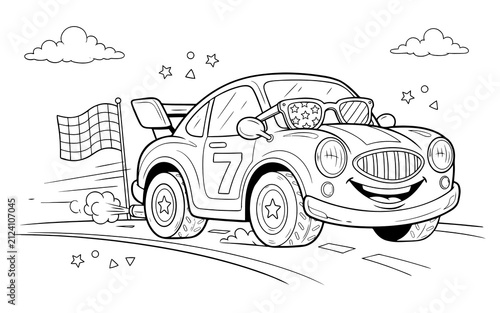 A cartoon race car with a number seven on the side, wearing star-patterned sunglasses, driving on a track with a checkered flag, line