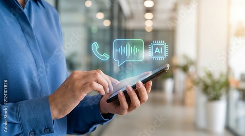 Businesswoman using AI voice assistant and speech recognition on smartphone