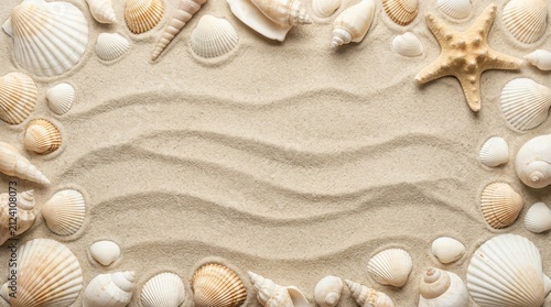 Top View of Seashells and Starfish Frame on Wavy Beach Sand