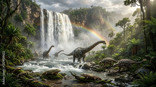 Brachiosaurus dinosaurs walking in a lush jungle waterfall