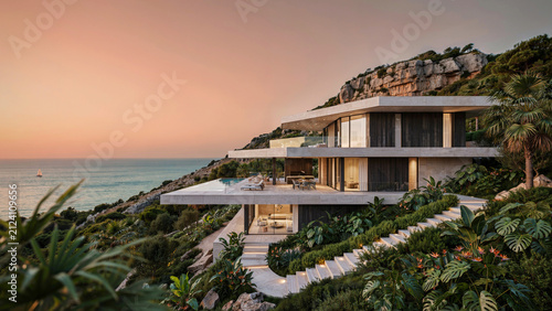 Elegant seaside mansion with infinity pool and panoramic ocean views during