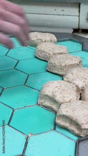 Closeup of hexagonal dough pieces freshly cut by an industrial dough divider in a commercial bakery. Uniform raw dough portions, artisan bread production, and automated bakery workflow.