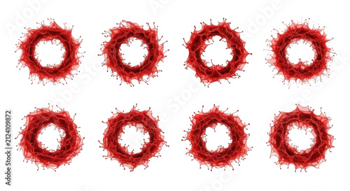 blood red liquid rings are suspended in front of a clean white background rings arranged for design for marketing