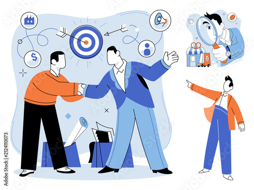 Business people shaking hands and analyzing market targets vector illustration. Collaboration, corporate strategy, professional growth, marketing research, goal achievement, teamwork. Partners making