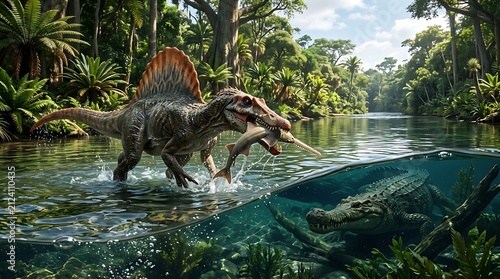 Spinosaurus dinosaur hunting in a tropical jungle river