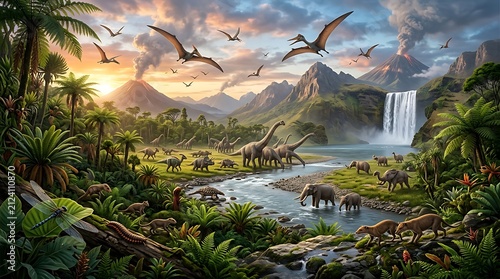 Dinosaurs living in a lush prehistoric jungle landscape