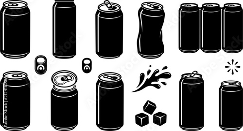 Bild auf Leinwand Aluminum Drink Cans and Beverage Container Silhouette Icon Set Featuring Crushed