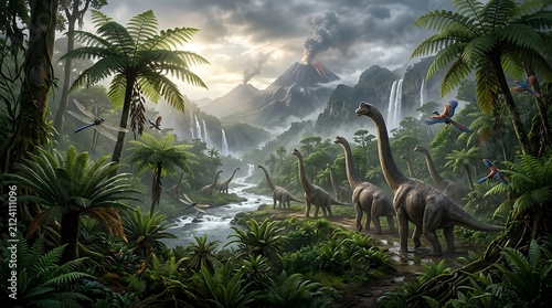 Group of dinosaurs in a prehistoric jungle with river