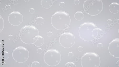 Abstract Background with Transparent Soap Bubbles Floating on Soft Light Blue Gradient
