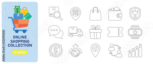 Set of 15 Online Shopping and Ecommerce Line Icons for Retail, Delivery and Customer Support
