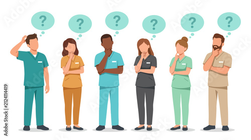 Medical staff in colorful scrubs pondering various questions.