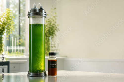 Transparent cylindrical microalgae photobioreactor with emerald algae culture and amber biocrude oil vial for biofuel and sustainable biotechnology concept carbon negative renewable energy