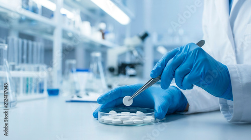 Gloved hand holding drug tablet with tweezers in pharmaceutical laboratory, drug discovery and quality control