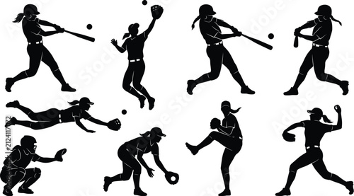 Canvastavla Softball player silhouette collection, female athlete icons, sports team action, batting, pitching, catching, sliding, game competition, championship, athletic match