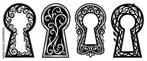 Ornate keyhole shapes with vintage floral ornaments and baroque filigree style