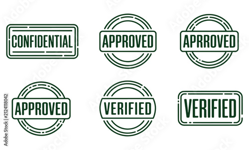 Set of green ink rubber stamp icons with text labels for document authentication and business verification