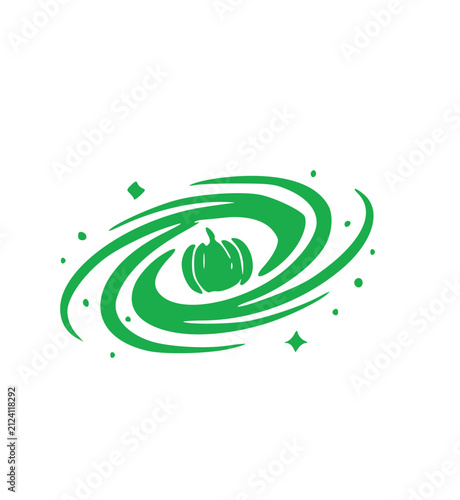 Green silhouette Halloween icon featuring a creepy carved pumpkin jack-o-lantern floating in a swirling magic galaxy vortex vector graphic design element