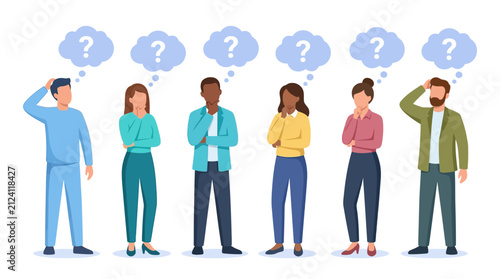Принти на полотні People in blue outfits thinking with question marks.