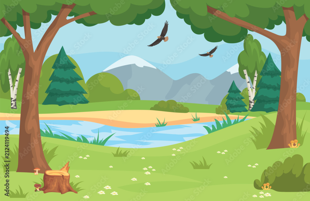 Obraz premium Cartoon forest landscape. Spring summer scene, green hill meadow field park garden view adventure grass water river wood tree jungle plant woodland background vector illustration