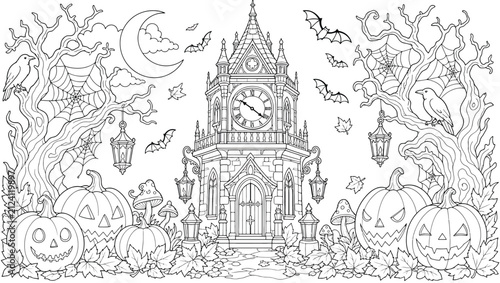 Bild auf Leinwand Spooky halloween line art coloring page featuring gothic clock tower, jackolante