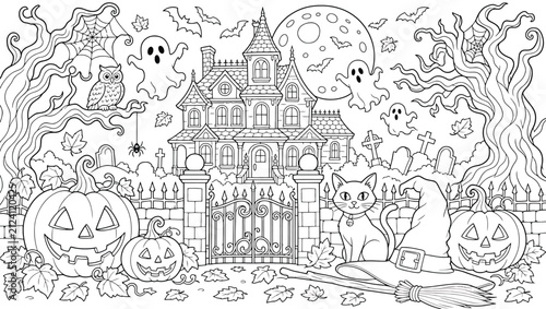 Detailed halloween coloring page featuring a haunted house, jackolanterns, ghosts, bats, an owl, a black cat, and a spooky graveyard scene