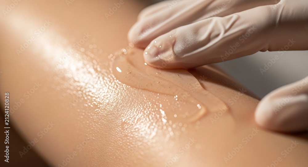 Fototapeta premium Gloved hands applying gel on skin