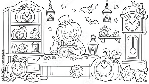 Quadro su tela Halloween pumpkin character working as a clockmaker in a workshop, coloring page